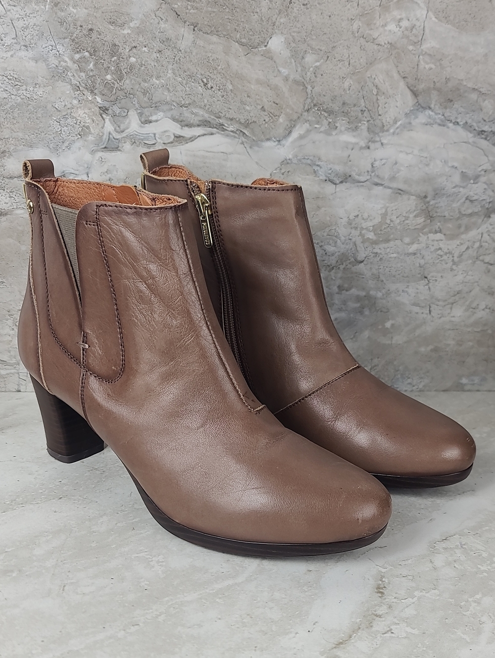 Pikolinos Taupe Brown Leather Classic Minimalist Block Heel Ankle Boots 39